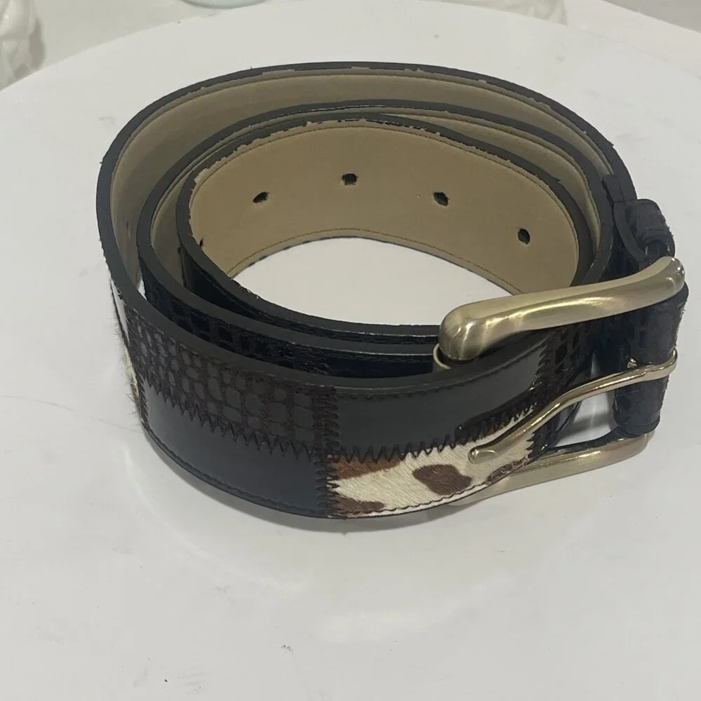 NINE WEST LEATHER PATCHWORK BROWN BELT WOMEN COWHIDE GOLD BUCKLE‎ SMALL PELLING